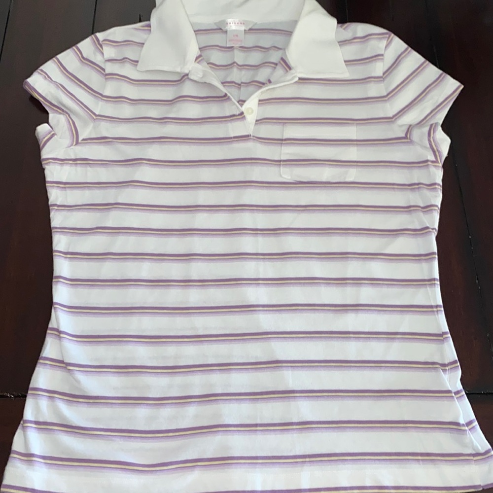 Arizona Jean Company White and Purple Striped Button Down Shirt